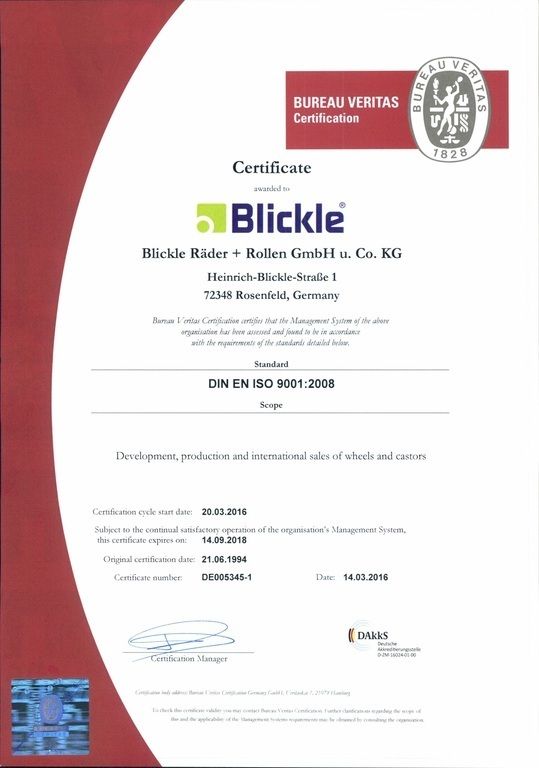Сертификат качества на колеса Blickle